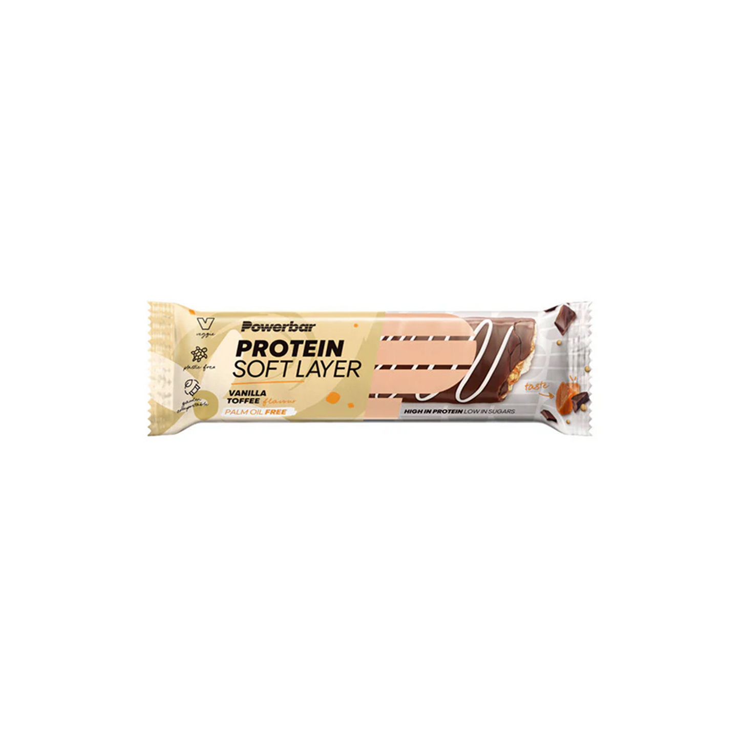 Powerbar Protein Soft Layer | Complete Cyclist - Our Protein Soft Layer Bar provides you with protein in three delicious layers: a creamy, soft layer of protein meets a delicate layer of toffee flavour and crunchy crispies – coated in milk chocolate. In the Vanilla Toffee flavour, it has 10g protein per bar, with 1.6g sugar – after exercise or for a snack between meals.