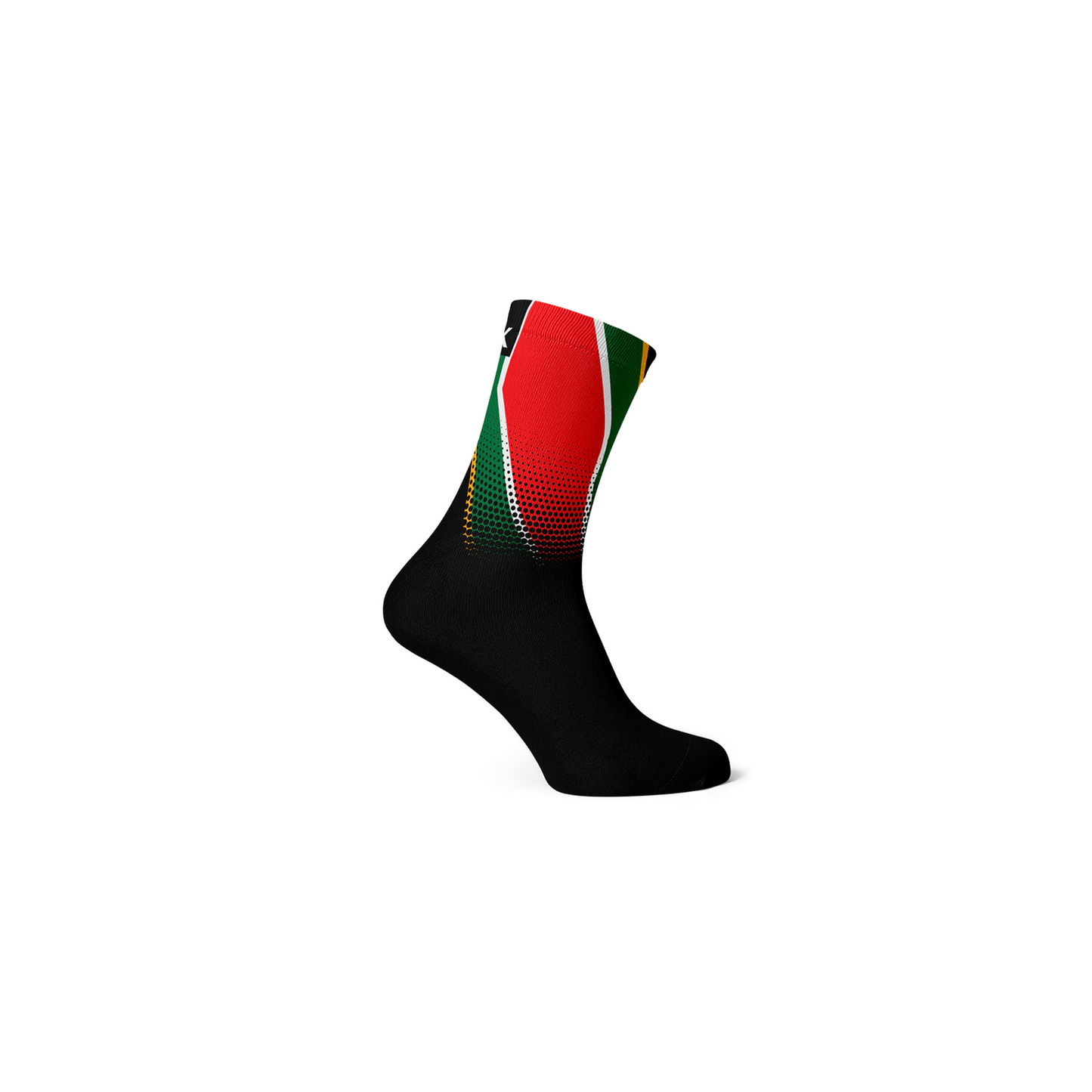 SOX South Africa Flag Socks | Complete Cyclist - The South Africa flag socks have vertical bands of red and blue of equal width separated by a central green band which splits into a "Y" shape. The "Y" embraces a black isosceles triangle from which the arms are separated by narrow yellow or gold ban Crew Cut Socks Get ready to jump, run, ride, play and be epic with Sox Footwear’s premium crew cut socks.