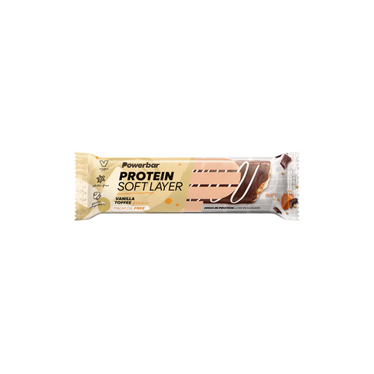 Powerbar Protein Soft Layer | Complete Cyclist - Our Protein Soft Layer Bar provides you with protein in three delicious layers: a creamy, soft layer of protein meets a delicate layer of toffee flavour and crunchy crispies – coated in milk chocolate. In the Vanilla Toffee flavour, it has 10g protein per bar, with 1.6g sugar – after exercise or for a snack between meals. 