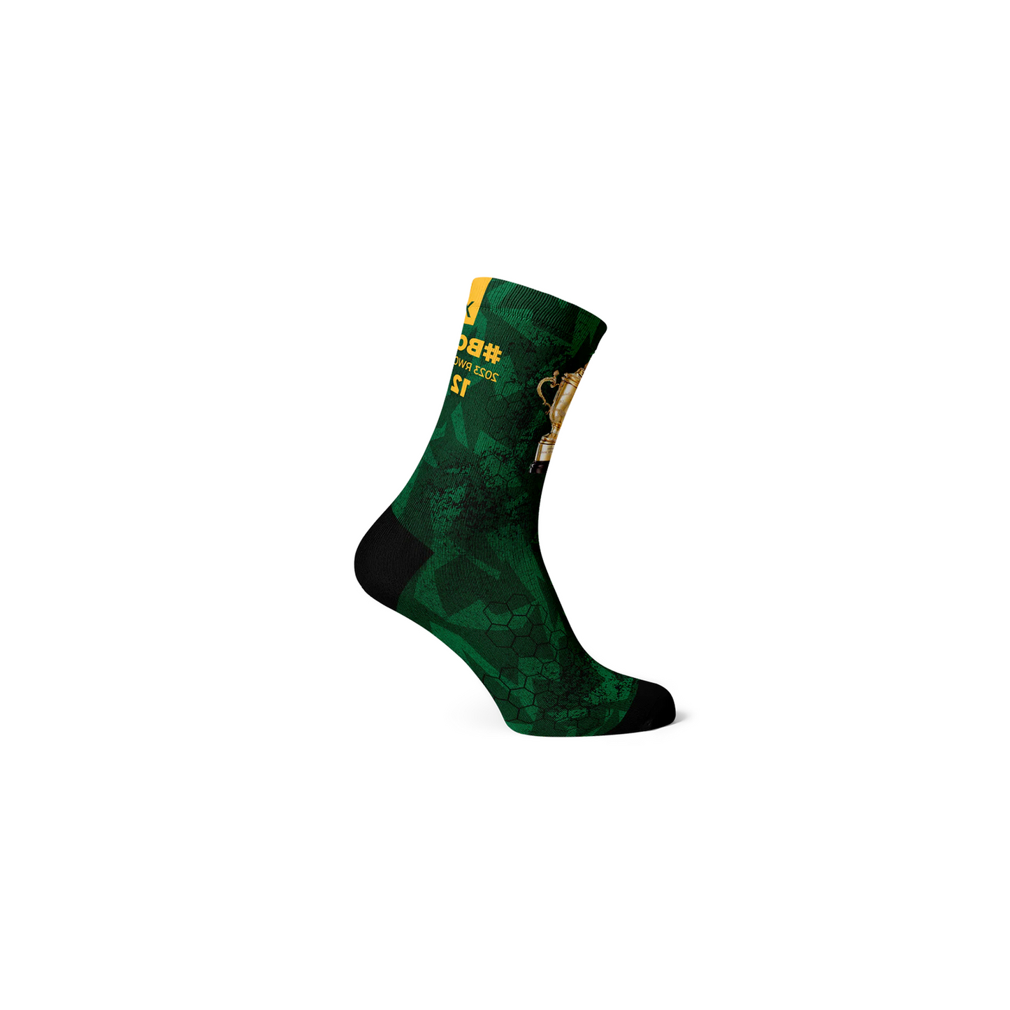 SOX Bokke Victory Crew Sock | Complete Cyclist - Commemorate the heart-pounding glory of the Springboks' record-breaking 4th Rugby World Cup victory through our exclusive Bokke Victory socks. These aren't just socks; they're a testament to history, featuring the freshly engraved official victory date alongside the electrifying winning score. 